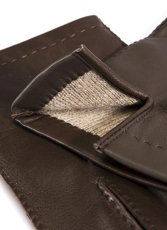 Met de hand genaaide driepuntshandschoenen van met kasjmier gevoerd leer voor heren met touchscreen - Afbeelding 7