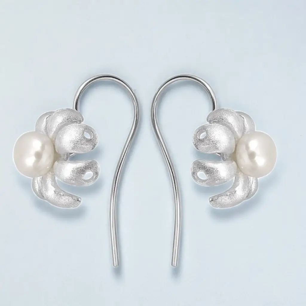 MadamLili 925 sterling zilveren botanische oorbellen met zoetwaterparels. - Afbeelding 3